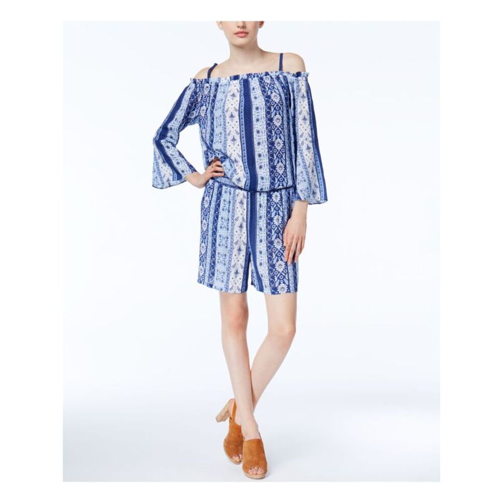 INC Womens Blue Square Neck Bell Sleeve Straight leg Romper M